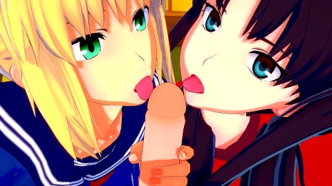 Kader / Gece Kal: Rin ve Saberı Aynı Anda Becermek (3D Hentai Sansürsüz)